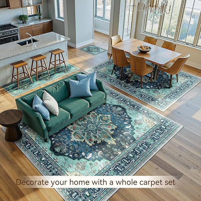 RELEANY Washable Area Rug, 8'x10', Teal | Non-Slip, Water Repellent, Pet Friendly, Easy to Clean, Vintage Floral Boho Decor for Living Room Bedroom Dining Room