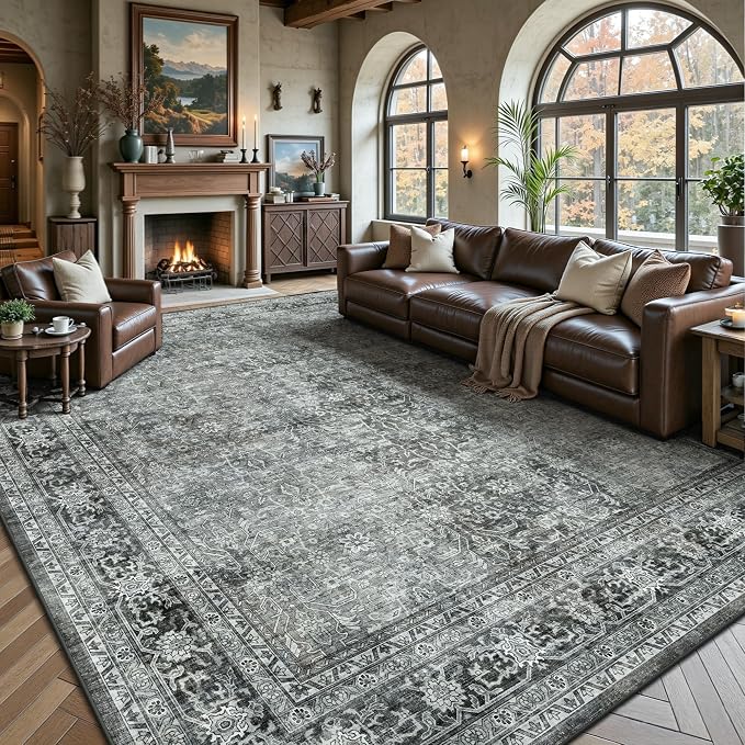 8x10 Area Rugs for Living Room - Washable Vintage Retro Large Rug, Soft Ultra Thin Non Slip Low Pile Traditional Distressed Boho Carpet for Bedroom Dining Room Home Office, Black Grey