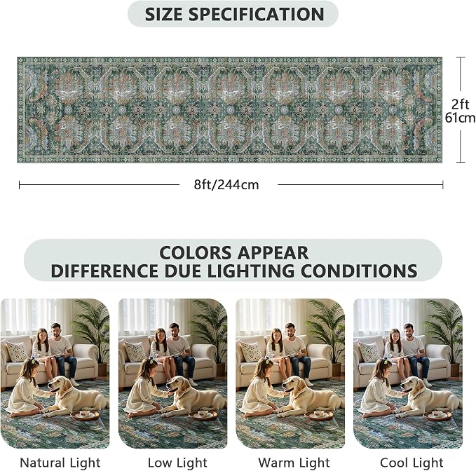 2x8 Hallway Runner Rug, Washable Vintage Retro Long Runner Rugs for Kitchen Laundry, Soft Ultra Thin Non Slip Low Pile Traditional Area Carpet for Bedroom Bathroom Indoor, Green