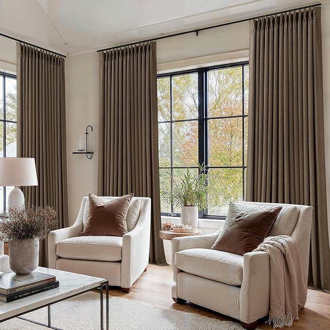 86 Inch Brown Pleated Linen Black Out Memory Trained Curtains with Liner | 100% Blackout Window Curtains, for Bedroom Living Room, Farmhouse Rustic, Pinch Pleat with Back Tab, Dutch Cocoa 2 Panels Set