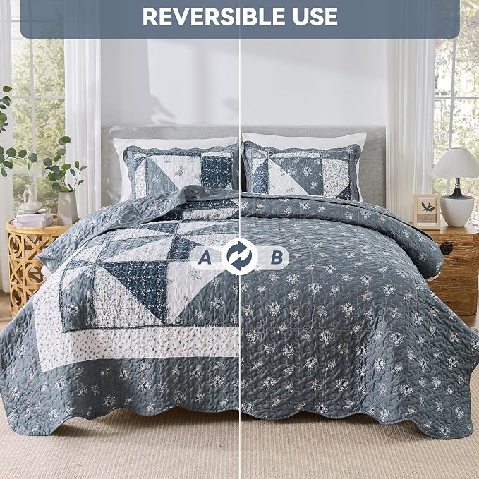King Size Quilt Set Grey Floral Patchwork Quilted Bedspread Coverlet Set | VIVILINEN 3-Piece Floral Reversible Stitched Quilt Bedding Set Lightweight Comforter Bed Cover Blanket with 2 Pillow Shams