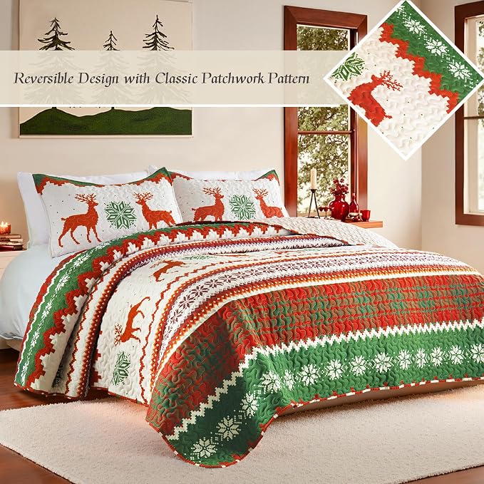 Whale Flotilla Patchwork Quilt King Size, Extra Soft Floral Bedspreads | Happy Snowflake Reversible Lightweight King Quilt Bedding Set for Bed, Printed Coverlets with 2 Pillow Shams for All Seasons