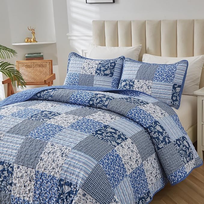 Mybedsoul King Size Quilt, Boho Patchwork Floral Bedding Set, Blue | Soft Lightweight Microfiber Coverlet Set, 3 Pieces Plaid Reversible Bedspread, Bed Sets for All Seasons 90"x110"