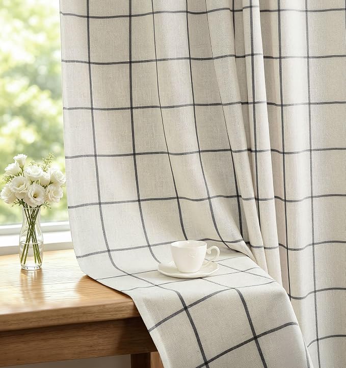 DriftAway 100% Blackout Plaid Linen Curtains 84 Inches Long 2 Panels Black | 100% Blackout, Linen Texture, Plaid Pattern, Two Layers, Rod Pocket & Back Tab, Bedroom Living Room Use, Luxury Appearance