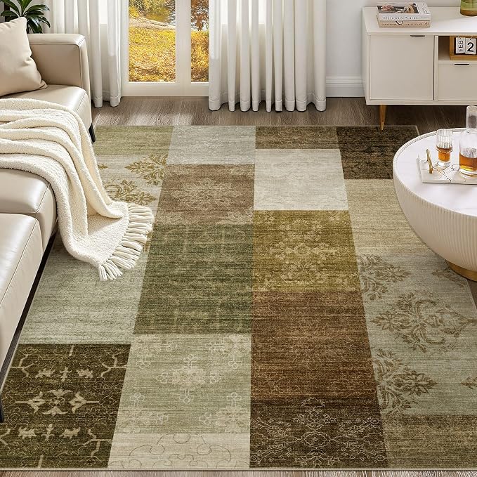 UERMEI 8x10 Area Rug for Living Room - Washable Neutral Modern Abstract Carpet, Non-Slip Soft Large Indoor Floor Rugs for Bedroom Home Office & Under Dining Table Decor, Brown/Green