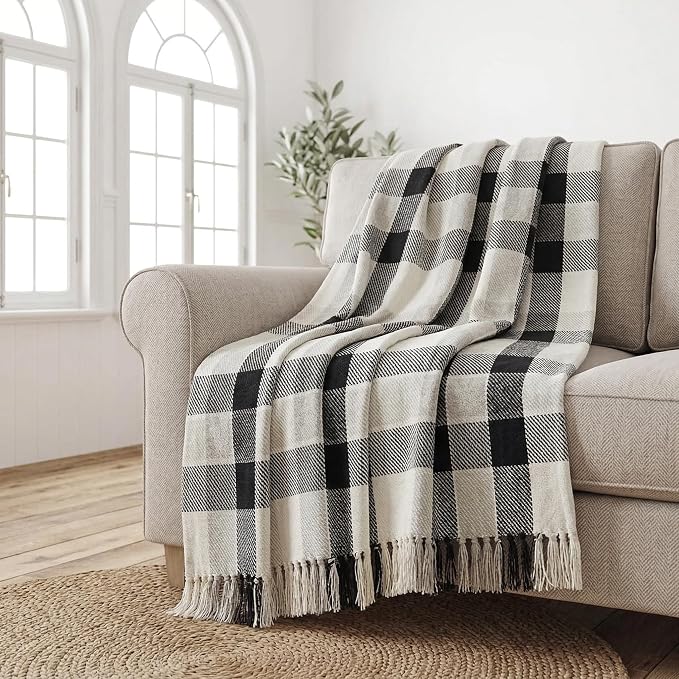 Americanflat 50x60 Throw Blanket - Soft and Breathable Cotton Throw Blanket for Couch, Bed, Chair - Decorative Blankets Perfect for Home, Office, or Outdoor Use - Black, Cream and Beige Plaid Design