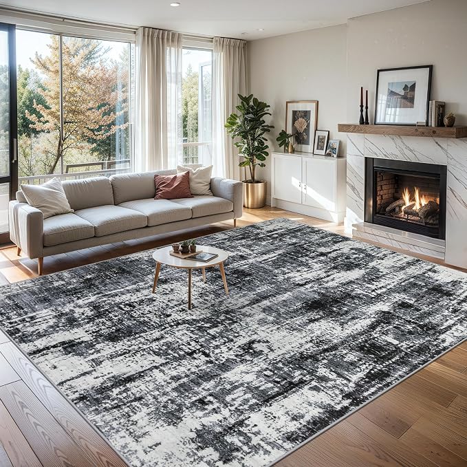 PLHXFR Area Rug Living Room: 4x6 Modern Abstract Washable Carpet Black | For Bedroom Dining Room Farmhouse Nursery Home,Machine washable,Non Slip,Large Soft Neutral,Stain Resistant, Indoor Floor