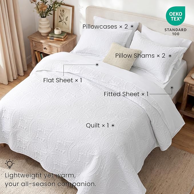 Love's cabin King Quilt Set White, Bed in a Bag King Size Bedding 7 Pieces, Ultrasonic Embossed Coin Pattern Comforter, Lightweight Bedspreads for All Seasons Quilt with Sheets, Pillowcases & Shams