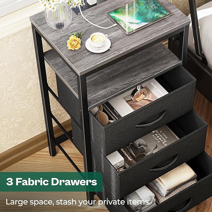 Huuger Nightstand with Charging Station, 27.6 Inch Bedside Table,Side Table | Night Stand with USB Ports and Outlets, End Table with Fabric Drawers, Night Stand with Charger Station, Charcoal Gray
