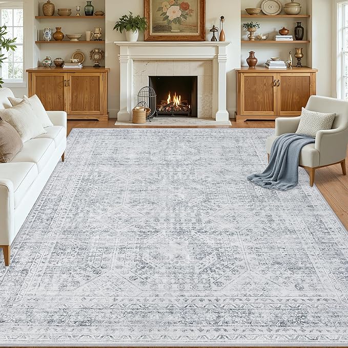 10x14 Area Rugs Living Room: Bedroom Neutral Washable Carpet Gray | Vintage Boho Soft Small Indoor Decor Floor Non-Slip Low Pile Neutral Farmhouse Entryway Laundry Bathroom Bedroom Beside Rugs