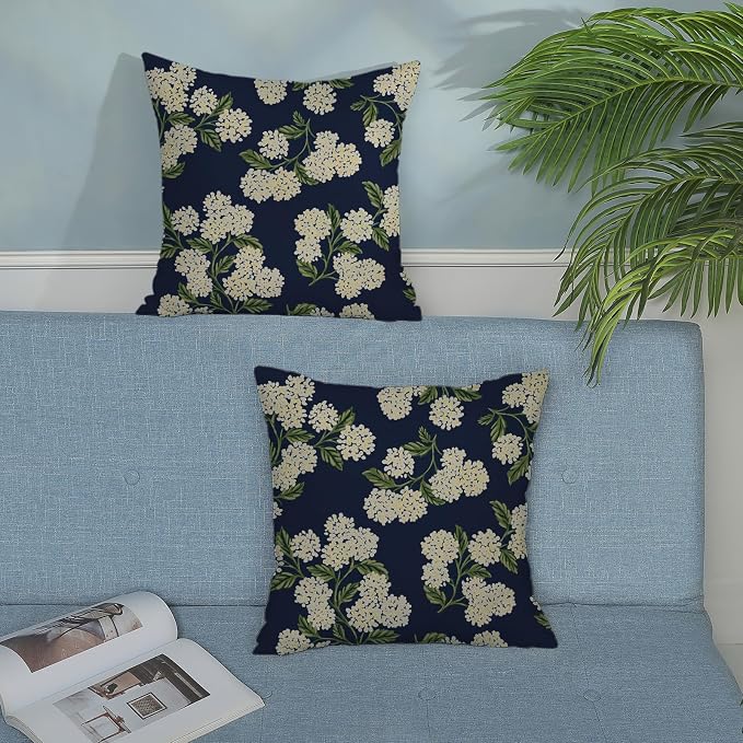 Navy Blue Spring Pillow Covers 18x18 Inch 2 Pcs Green Yellow Hydrangea Flower Decor Throw Pillows Vintage Floral Seasonal Summer Outdoor Decoration Pillowcase Linen Cushion Cover for Couch Sofa