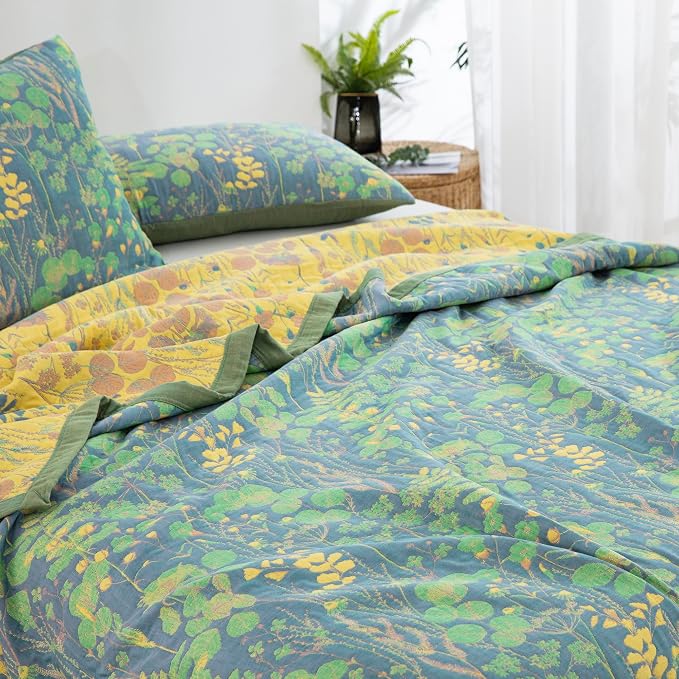 100% Cotton Muslin Botanical Blanket Jacquard Floral Plants Pattern Quilt, Soft Bed Cover Lightweight Breathable Gauzy Reversible Bedspread Coverlet Full/Queen(78"x94"), No Pillow Sham
