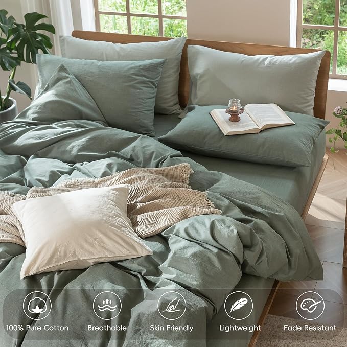 MooMee Duvet Cover Set 100% Washed Cotton Linen Like Cal King | Relaxed Linen-like Texture. Soft, Breathable & Long-lasting Comfort. Lightweight. Hidden Zipper with 8 Interior Corner Ties