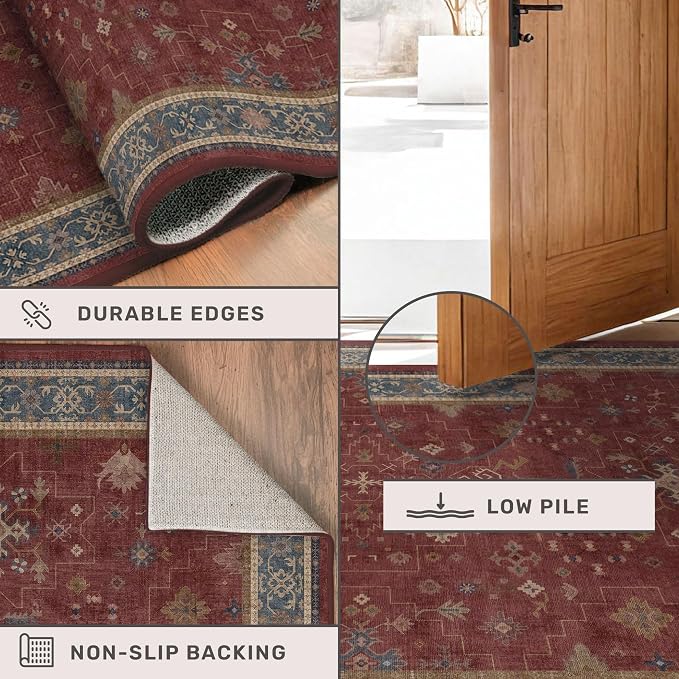 Oriental 9x12 Soft Rugs for Living Room - Dark Red Rugs for Bedroom Aesthetic, Dining Room Under Kitchen Table, Washable Soft Non Slip Large Area Vintage Décor