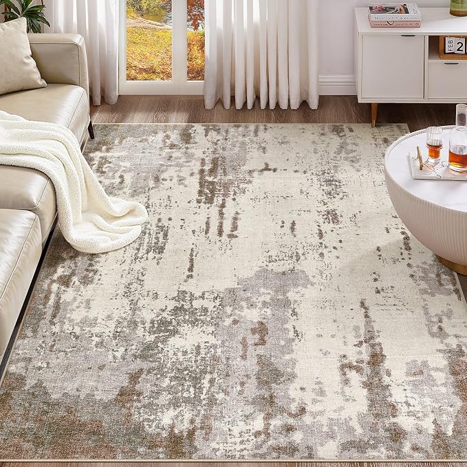 UERMEI 9x12 Washable Area Rug - Neutral Modern Abstract Living Room Rugs, Non-Slip Soft Large Indoor Floor Carpet for Bedroom Home Office & Under Dining Table Decor, Brown/Grey/Beige