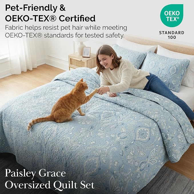Southshore Fine Living, Inc. Farmhouse Quilts Queen Size, Quilt Bedding Set, Lightweight Coverlet Bedspread Full Size, 3-Piece Boho Quilt Set with Two Matching Pillow Shams, Full/Queen, Blue Paisley