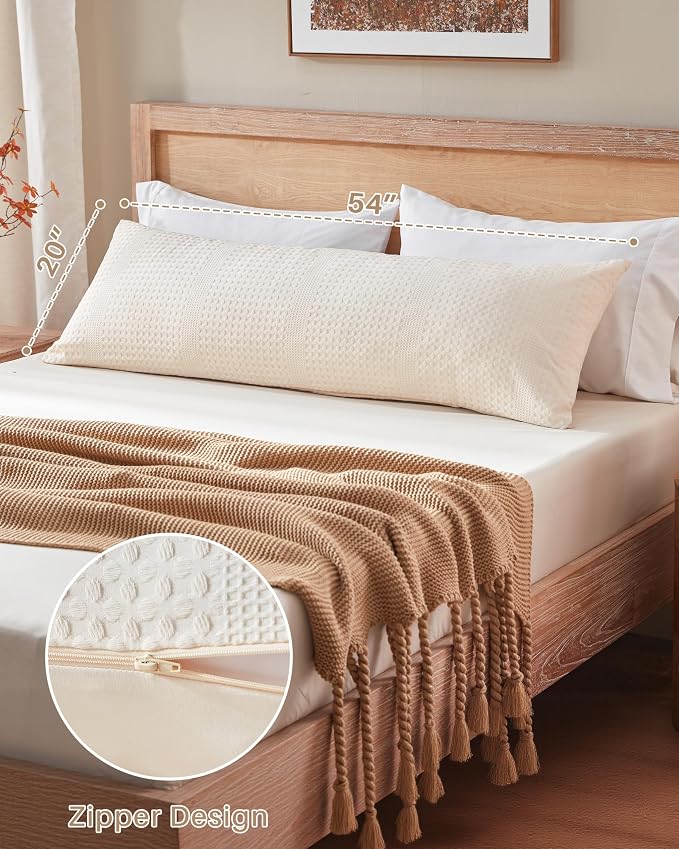 YZ HOME Waffle Weave Body Pillow for Adults, Memory Foam Insert | Long Pillow with Removable Pillowcase, Firm and Fluffy, Large Bed Pillows for Side Sleepers, Washable, 20x54 Inch, Beige