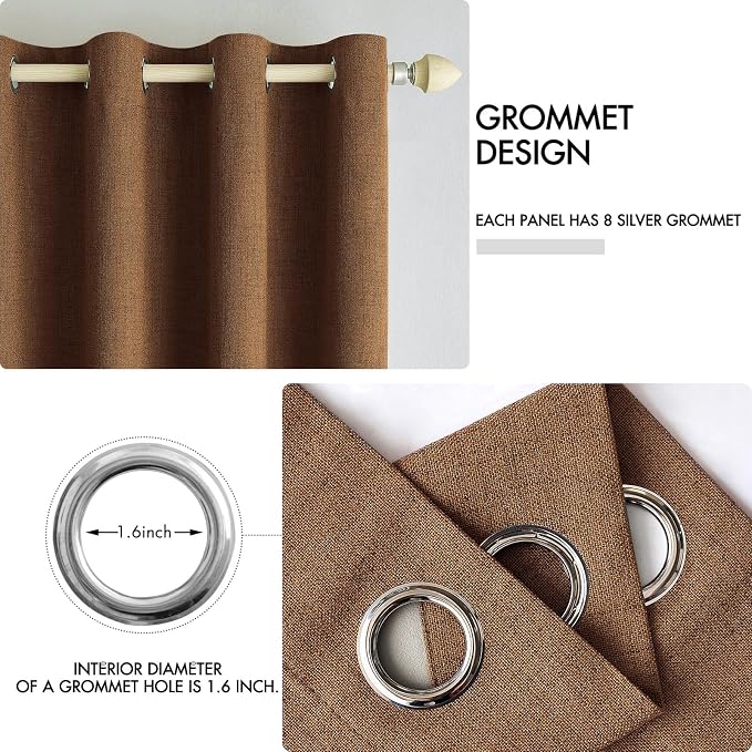 MIULEE 100% Blackout Linen Curtains for Bedroom 52x90 Inches Brown | Room Darkening, Light Blocking, Thermal Insulated, Grommet Top, Linen Textured, Fall Curtains for Living Room, 2 Panels