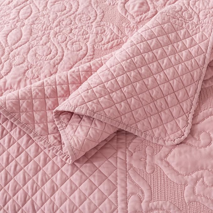 Quilt Bedspread Set, Pink Jacquard Embossed Floral Pattern Reversible Embroidered Microfiber Coverlet Sets, Queen Size