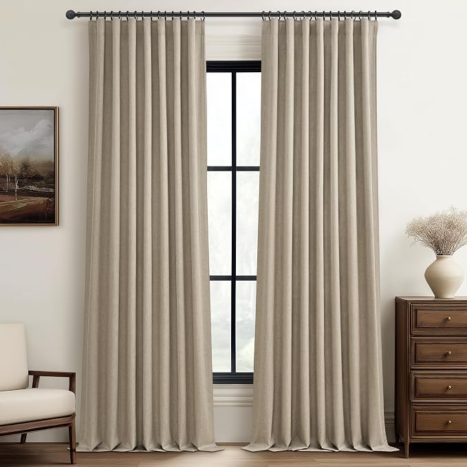 QJmydeco Black Out 95 Inch Long Boho Curtains 2 Panel Set, Farmhouse Curtains for Living Room Darkening/Thermal/Noise Reduction Textured Flax Linen Drape Hook&Ring Included (GreyBeige 50"x95")