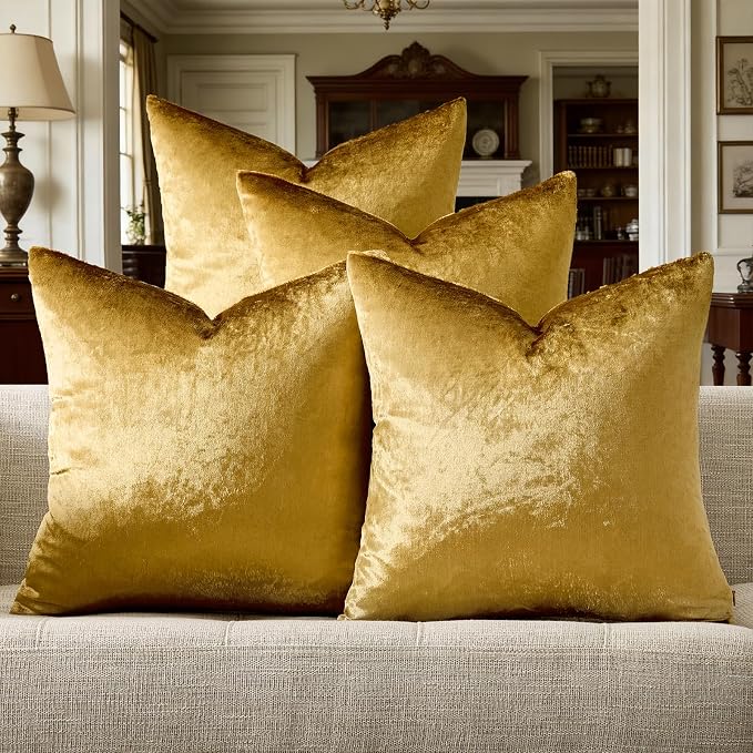 GIGIZAZA Pack of 4 Gold Decorative Velvet Pillow Covers 20x20 | Throw Pillows for Couch Sofa,300gsm Soft Thick Fabric,Modern Accent Pillowcases,Luxury Living Room Cushion Covers