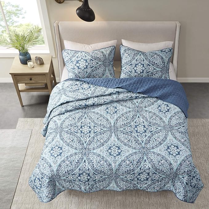 Comfort Spaces Gloria Boho Full Queen Quilt Set 3 Piece for Summer Aqua | Reversible Coverlet Bedspread, Soft All Season, Medallion Pattern, Winter Layer with Shams Modern Lightweight, Cozy Comfort