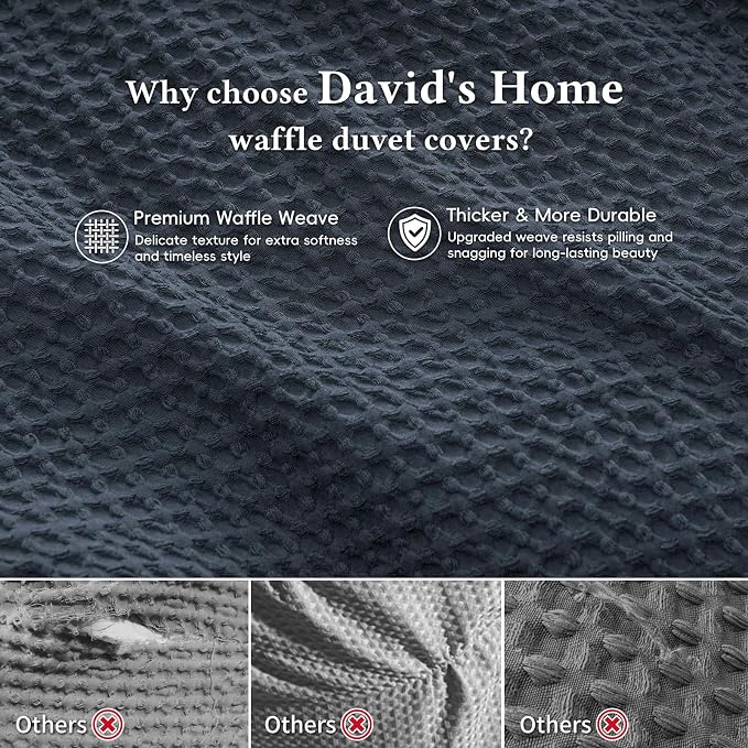 David's Home Textured Waffle Weave Duvet Cover Set, Queen Size, Indigo | Breathable Cozy for All Season, 300GSM, 3PCS Home Bedding Decor, OEKO-TEX Certified, Hidden Zipper, 8 Corner Ties, 90" X 90"
