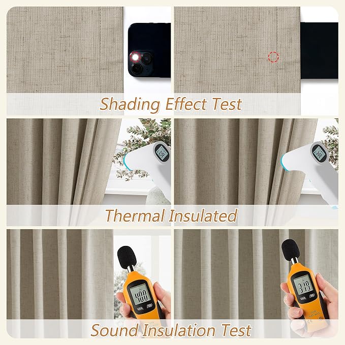 100% Blackout Linen Curtains for Bedroom 90 inches Long, Thermal Insulated Room Darkening Black Out Window Drapes for Living Room, Back Tab Rod Pocket 2 Panels Set,Stone Beige,52x90