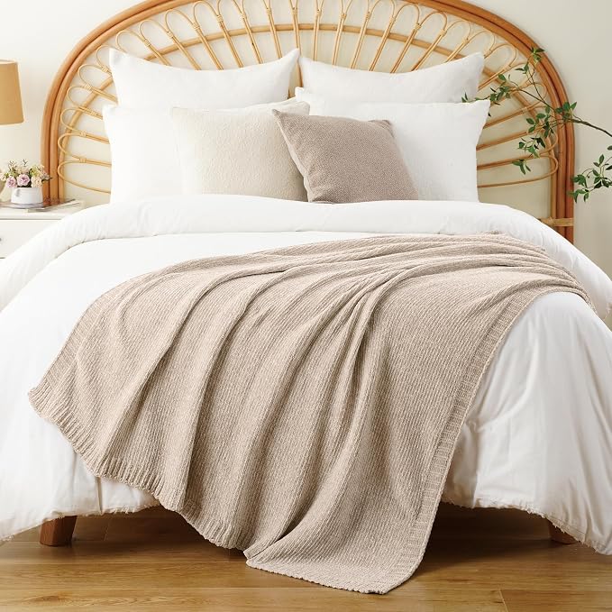 Beige Throw Blanket for Couch, Soft Chenille Throw Blanket 51"x67" | Shiny Oatmeal Chenille Blanket, Breathable & Midweight Knit Throw Blanket, Neutral Throw for Bed Sofa Home Decor