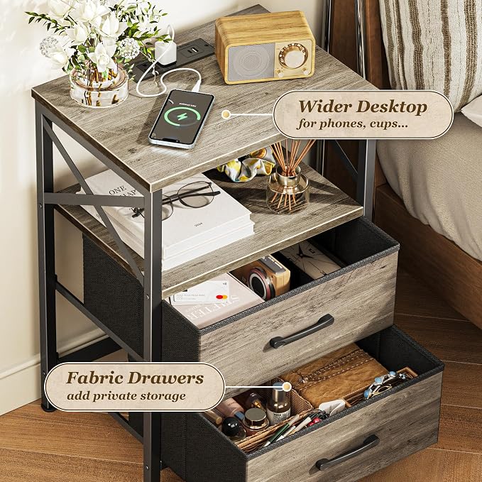 Huuger Nightstand Set of 2 with Charging Station, USB-C Port, End Tables | Night Stand with 2 Drawer Side Table with Open Shelf, Bedside Table for Small Spaces, X Shaped Side Rail, Oak