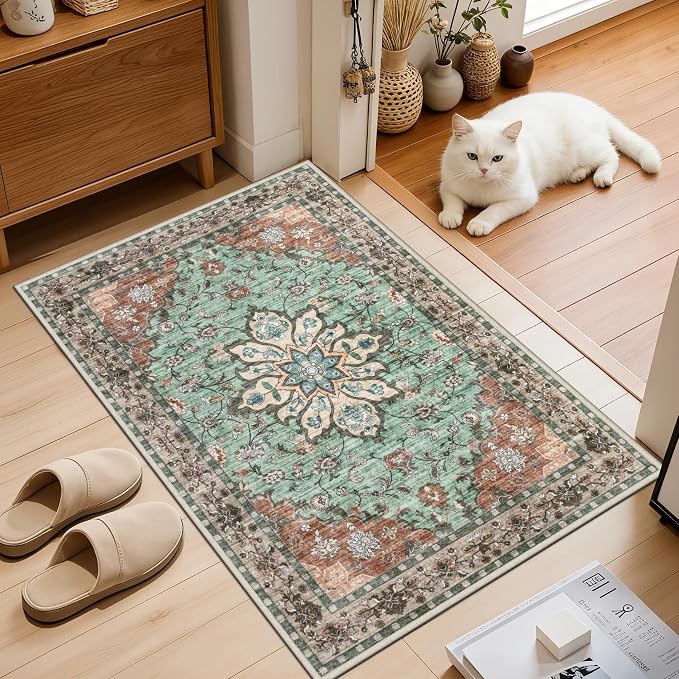 2x3 Area Rugs Living Room: Washable Rug for Bedroom Brown Green | Boho No Slip Stain Resistant Rug Soft Indoor Decor Floor Floral 2x3 Area Rugs for Dining Room, Nursery, Hallway, Home Office