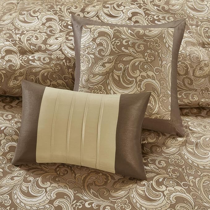 Madison Park Essentials Brystol 24 Piece Room in a Bag Faux Silk Comforter Jacquard Paisley Design Matching Curtains Down Alternative Hypoallergenic All Season Bedding-Set, Queen(90"x90"), Brown | Matching Curtains Room in a Bag, Down Alternative Beddi...