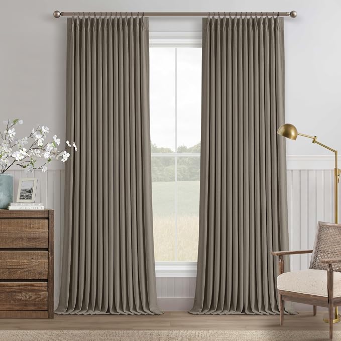 TWODRAPES Taupe Grey Linen Blackout Pleated 105 Inch Curtains for Living Room