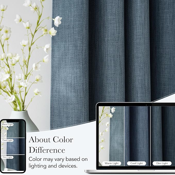 NICETOWN Short Faux Linen Mist Blue Blackout Curtains 63 inches Long | For Kitchen, Privacy Panels, For Living Room, Modern Style, Easy Care, Grommet Top, 2 Panels, W42 by L63
