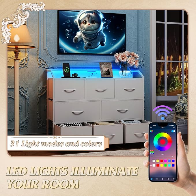 WLIVE Dresser for Bedroom, 8 Drawer LED Dresser with Outlet, White | 8 roomy fabric drawers, LED ambient lighting, Built-in power outlet, Bedroom or living room, Chest of drawers