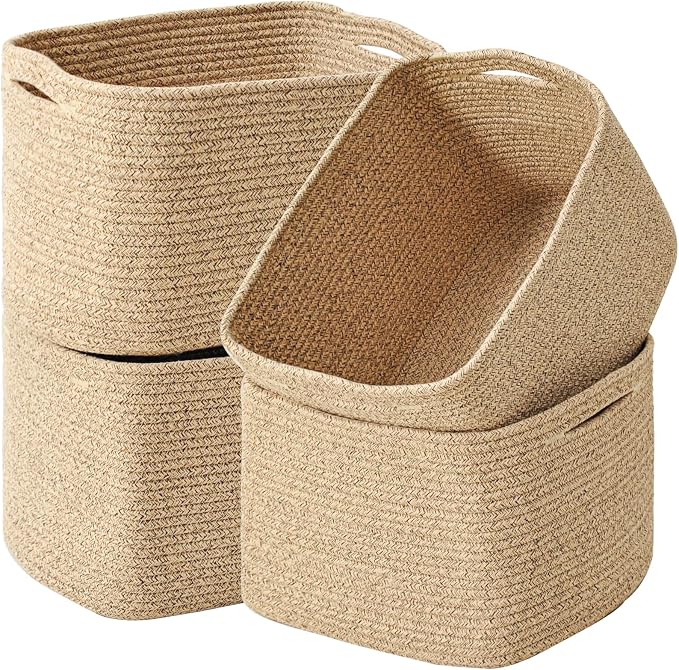 ICERZCZ Storage Baskets for Organizing & Shelves, Woven Cotton Rope Organization Bins for Dog Toys, Clothes, Books, Nursery Organizer, 15"Lx11''Wx9.5''H, (4 Packs) Brown