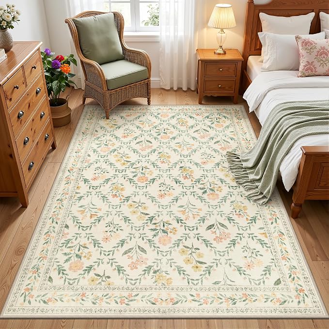 PLHXFR Area Rug Living Room: 3x5 Floral Washable Boho Carpet Beige Multi | For Bedroom Dining Room Farmhouse Nursery Hallway,Vintage Floral,Machine washable,Non Slip,Stain Resistant,Large Indoor