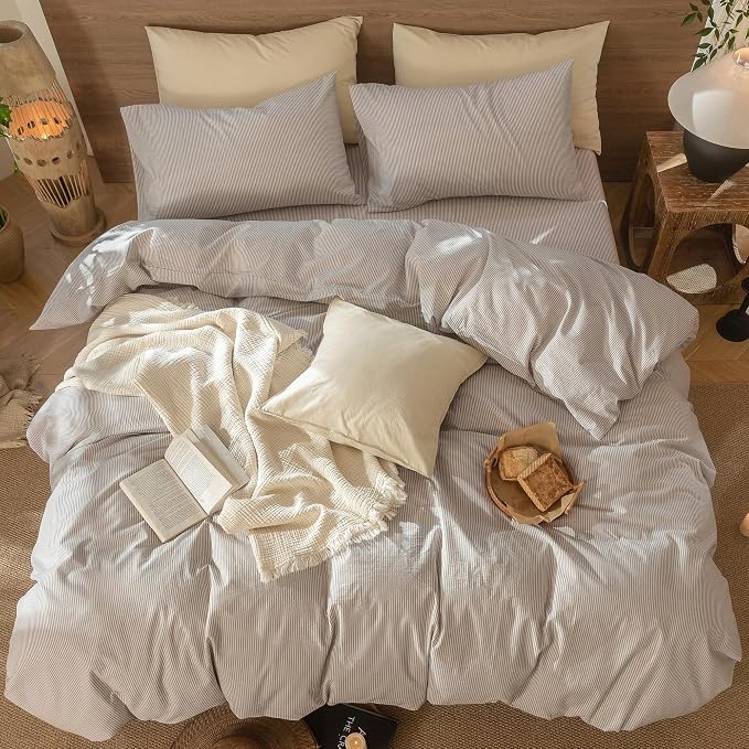 MooMee Striped Duvet Cover Set 100% Washed Cotton Linen Like King | Relaxed Linen-like Texture. Soft, Breathable & Long-lasting Comfort. Lightweight. Hidden Zipper with 8 Interior Corner Ties