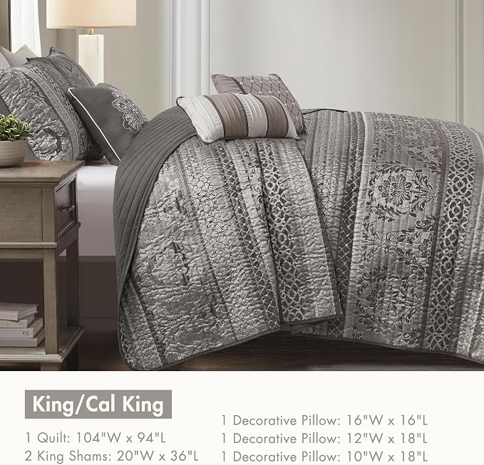 Madison Park Traditional Jacquard Quilt Set, 6PC King/Cal King Coverlet | Damask Design, All Season, with Shams, Decorative Pillows, Lightweight, Reversible, Grey