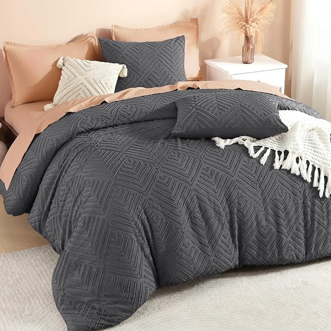 Litanika Oversized King Comforter Set, 3 Pcs Tufted Boho Bedding Set | Dark Grey Farmhouse Shabby Chic Vintage Bohemian Textured Aesthetic Soft Fluffy Lightweight Breathable All Season Bed Set