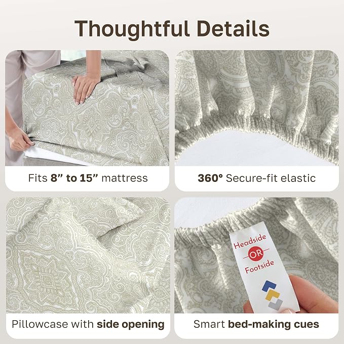 California Design Den Soft 100% Cotton Twin XL Bedding Sheets, 3 Pc Set | 400 Thread Count Backed by Good Housekeeping Seal, All-Around Elastic, Easy Care, OEKO-TEX certified - Paisley Beige Print