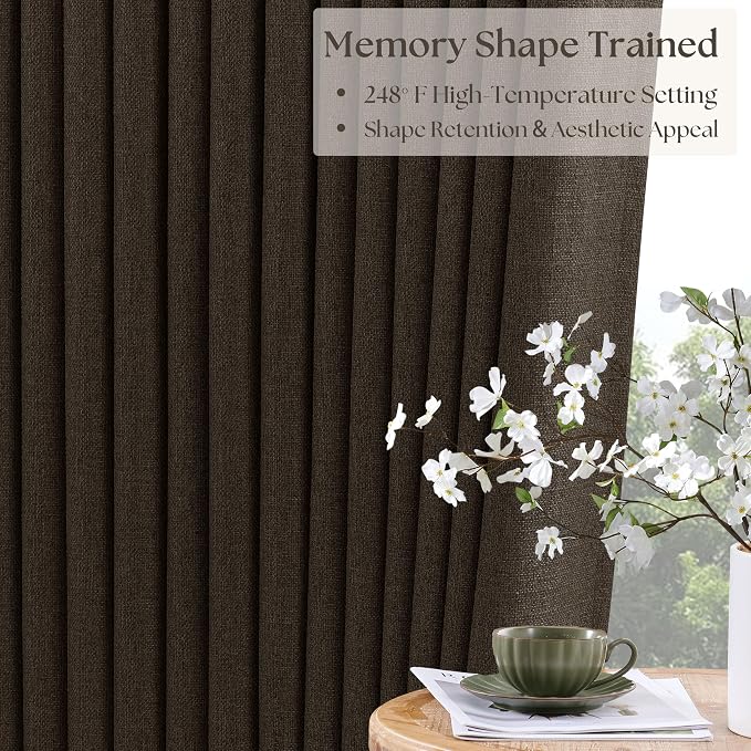 100% Blackout Linen 102 Inch Curtains 2 Panels for Bedroom Dark Chocolate | Pinch Pleated, Dark Brown Chocolate, Linen Textured, Insulated Heavy Curtain, Sliding Glass Door, Room Darkening Drapes