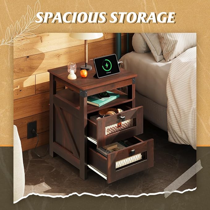 WLIVE Nightstand with Charging Station, Farmhouse End Table, Bed Side Table with 2 Storage Drawers and Open Shelf, Wood Rustic Nightstands for Bedroom, Espresso | Charging Station(2AC+2USB), Farmhouse Design (Cut-out Grills)，Storage(2 Drawers +1 Shelf)...