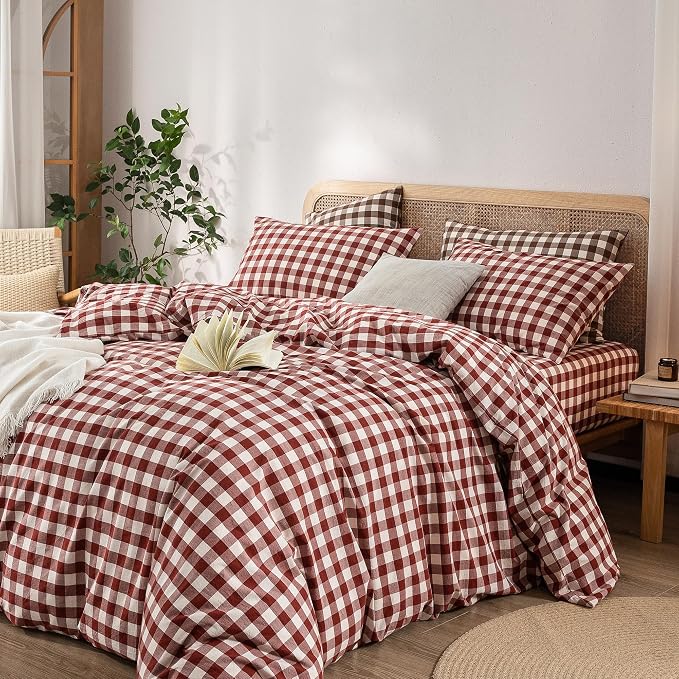BESTOUCH Gingham Cotton Duvet Cover Set Fired Brick Red Twin | Washed Cotton, Linen Feel, Soft Wrinkle Texture, Hidden Zipper, 8 Ties, Breathable Lightweight Durable Comfy, 2 Pcs No Insert