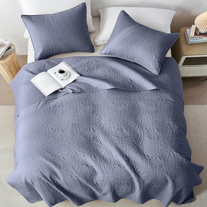 akkialla Quilts Queen Size,Bluish Grey Ultrasonic Full/Queen Quilt Set,Lightweight Soft Bedspread Coverlet,Modern Style Coin Pattern Bed Cover for All Seasons,3 Piece(1 Quilt,2 Pillow Shams)