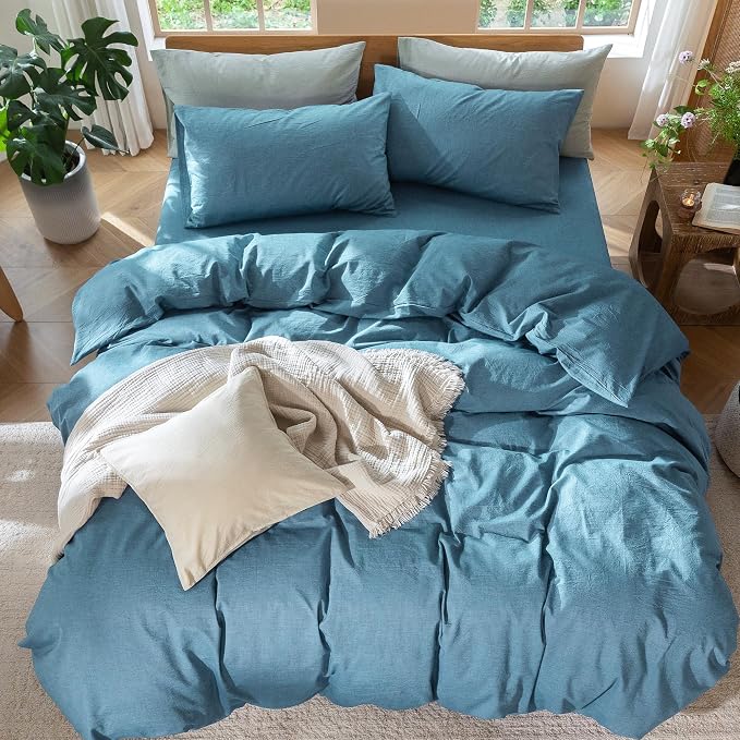 MooMee Duvet Cover Set 100% Washed Cotton Linen Like King | Relaxed Linen-like Texture. Soft, Breathable & Long-lasting Comfort. Lightweight. Hidden Zipper with 8 Interior Corner Ties