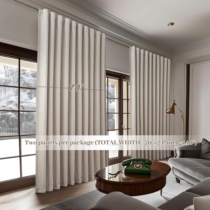 QJmydeco Curtains 70 Inch Length Wide Pleated Blackout Curtain for Sliding Glass Door/Living Room, Farmhouse Natural Linen Thick Boho Bedroom Heavy Insulated Large Window Drapes (70" Wx90 Lx2Panels)