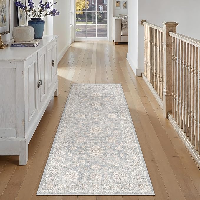 2x6 Blue Cream Neutral Runner Rug | Washable, Vintage, Soft, Non Slip, Low Pile, Distressed, Carpet for Kitchen Hallway Bathroom Indoor Nursery Home Decor