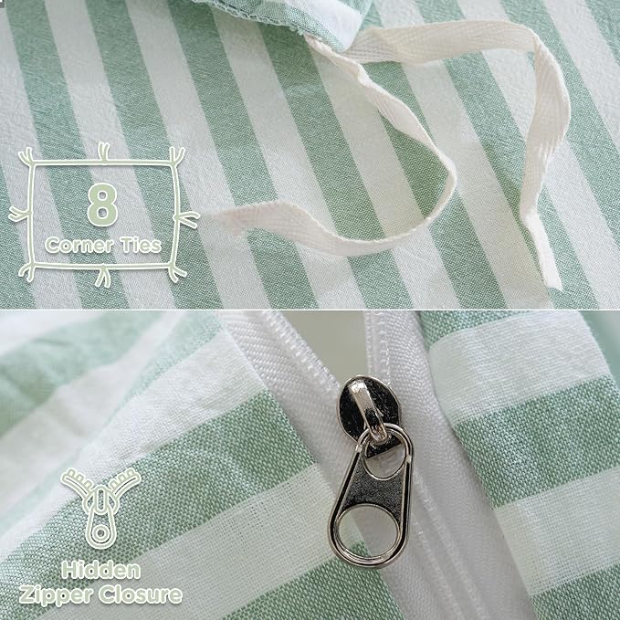 TOCOMOA Sage Green Striped Duvet Cover Set Washed Cotton Like Linen, Queen | 100% Washed Cotton Linen-Like Feel Soft, Breathable & Comfy. Lightweight Bedding Set with Zipper & 8 Ties. 3 Pcs, No Insert