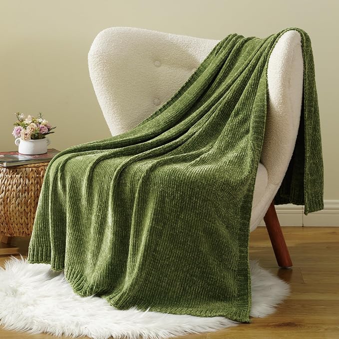 Green Chenille Throw Blanket for Couch, Soft Knit Throw Blanket 51"x67" | Shiny Chenille Blanket, Decorative Soft Moss Green Blankets for Bed Sofa Living Room
